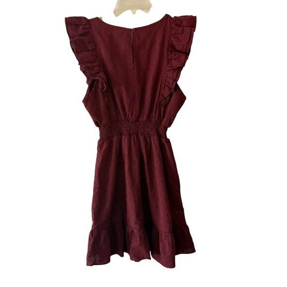 BB Dakota Burgundy Textured Ruffle Sleeve Dress W/ Smocked Waist & Keyhole Med - Picture 5 of 7